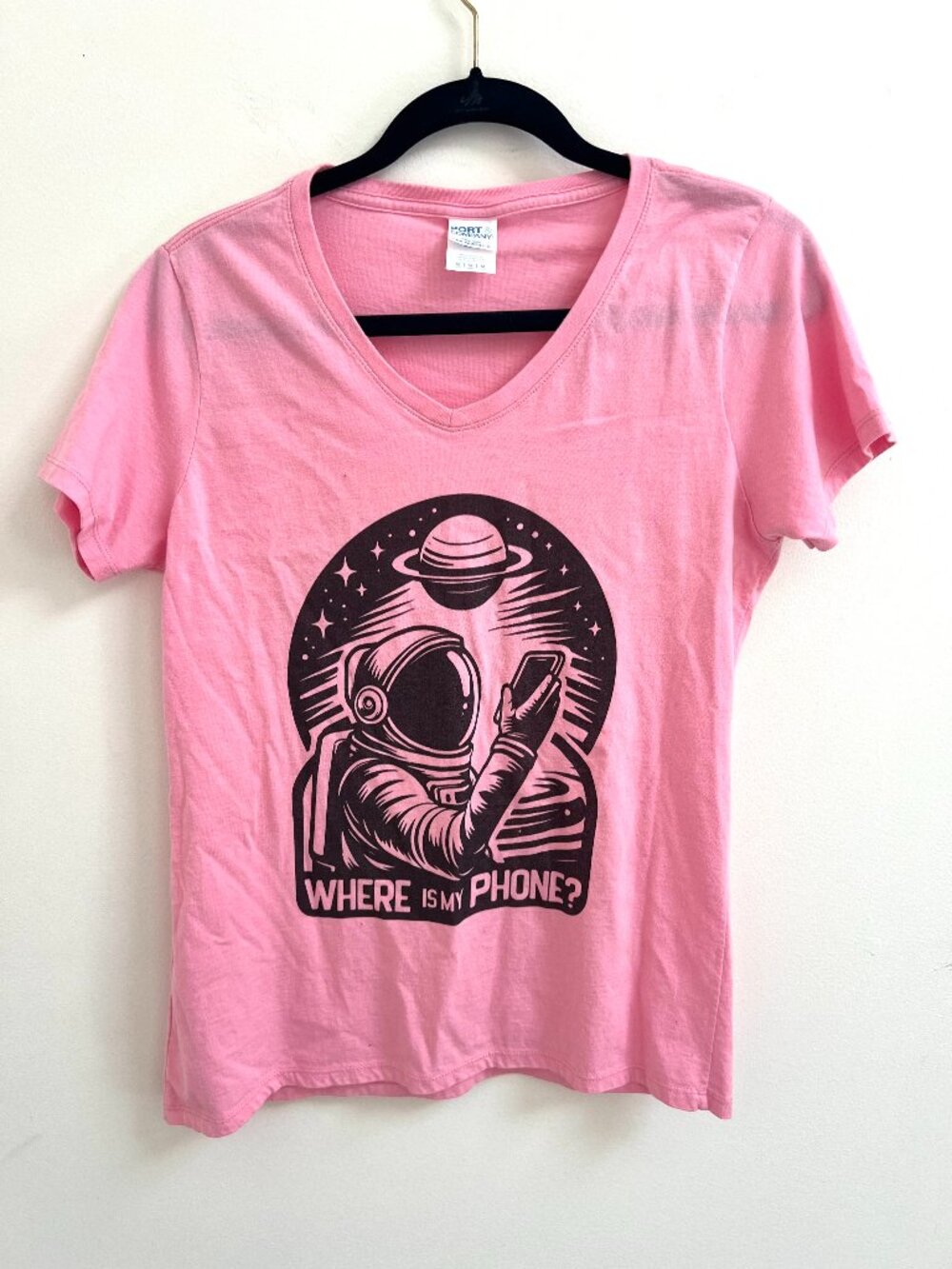 Port & Company Where Is My Phone Astronaut Space Pink Graphic V Neck Tee M